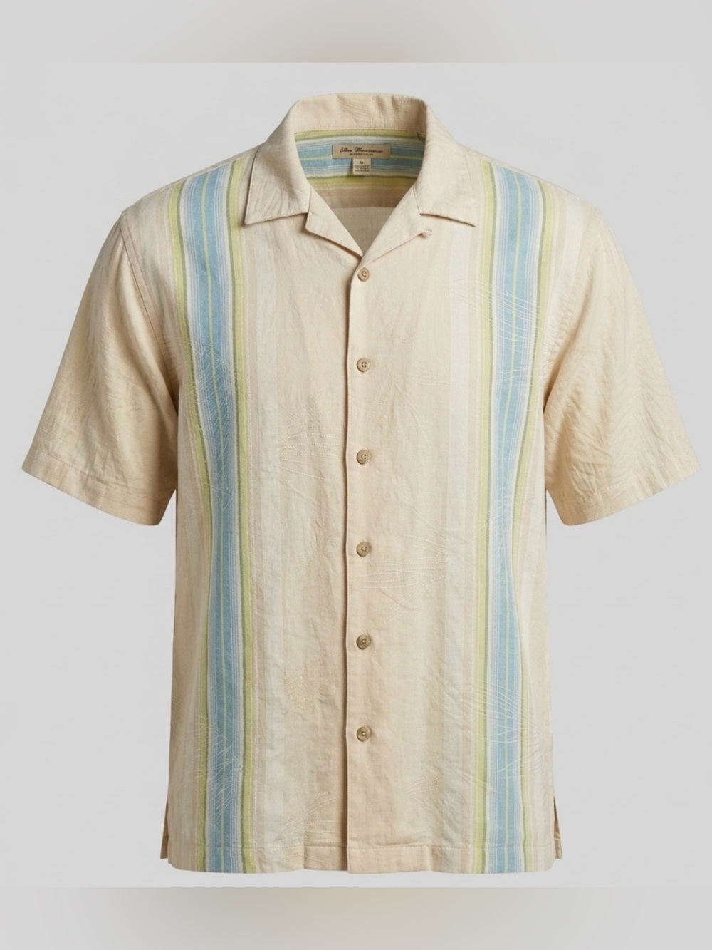 Tommy Bahama Mens XL Silk Hawaiian Shirt Yellow Blue Striped Short Sleeve